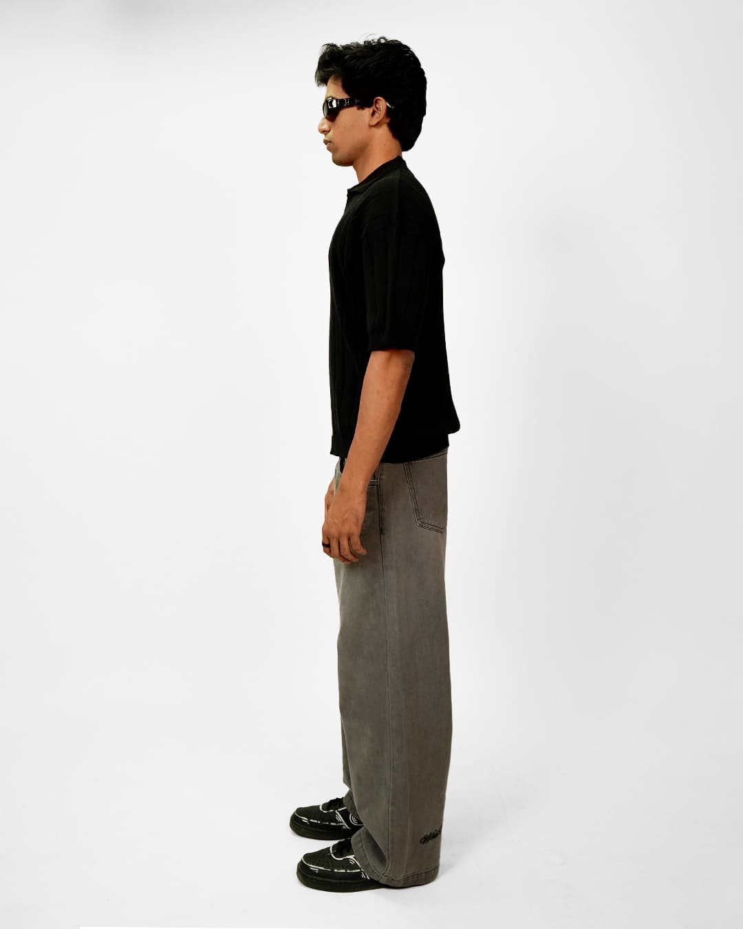 Black Striped Knit Polo T-Shirt