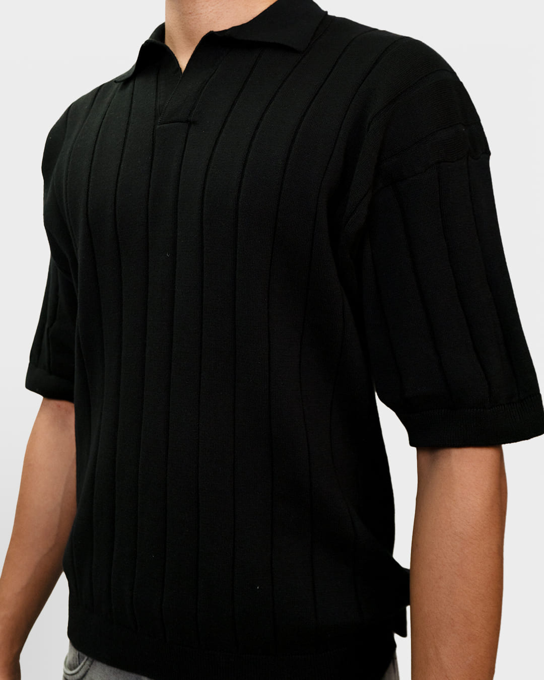 Black Striped Knit Polo T-Shirt