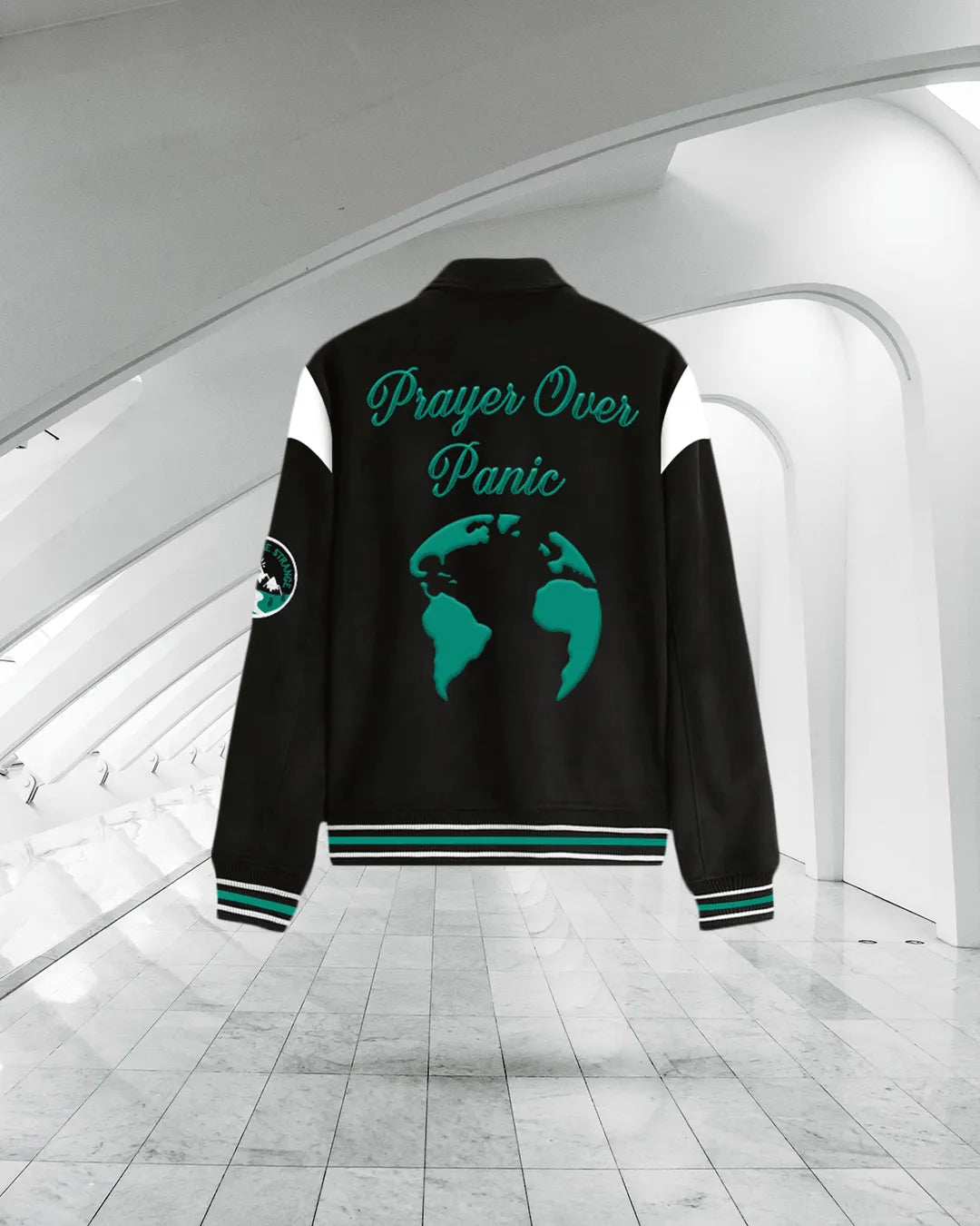 PRAYER OVER PANIC VARSITY JACKET - WHAT THE FLEX