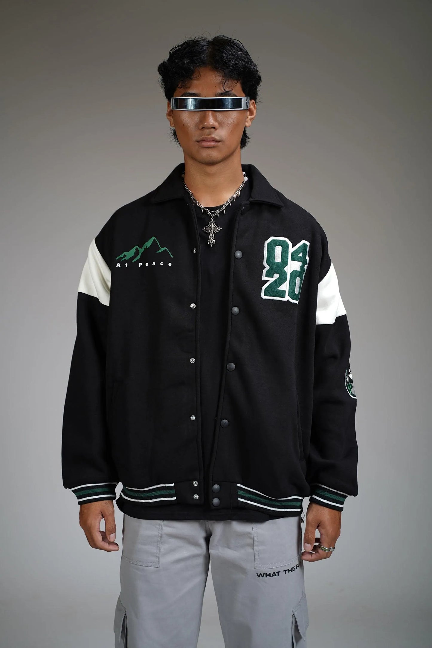 PRAYER OVER PANIC VARSITY JACKET - WHAT THE FLEX