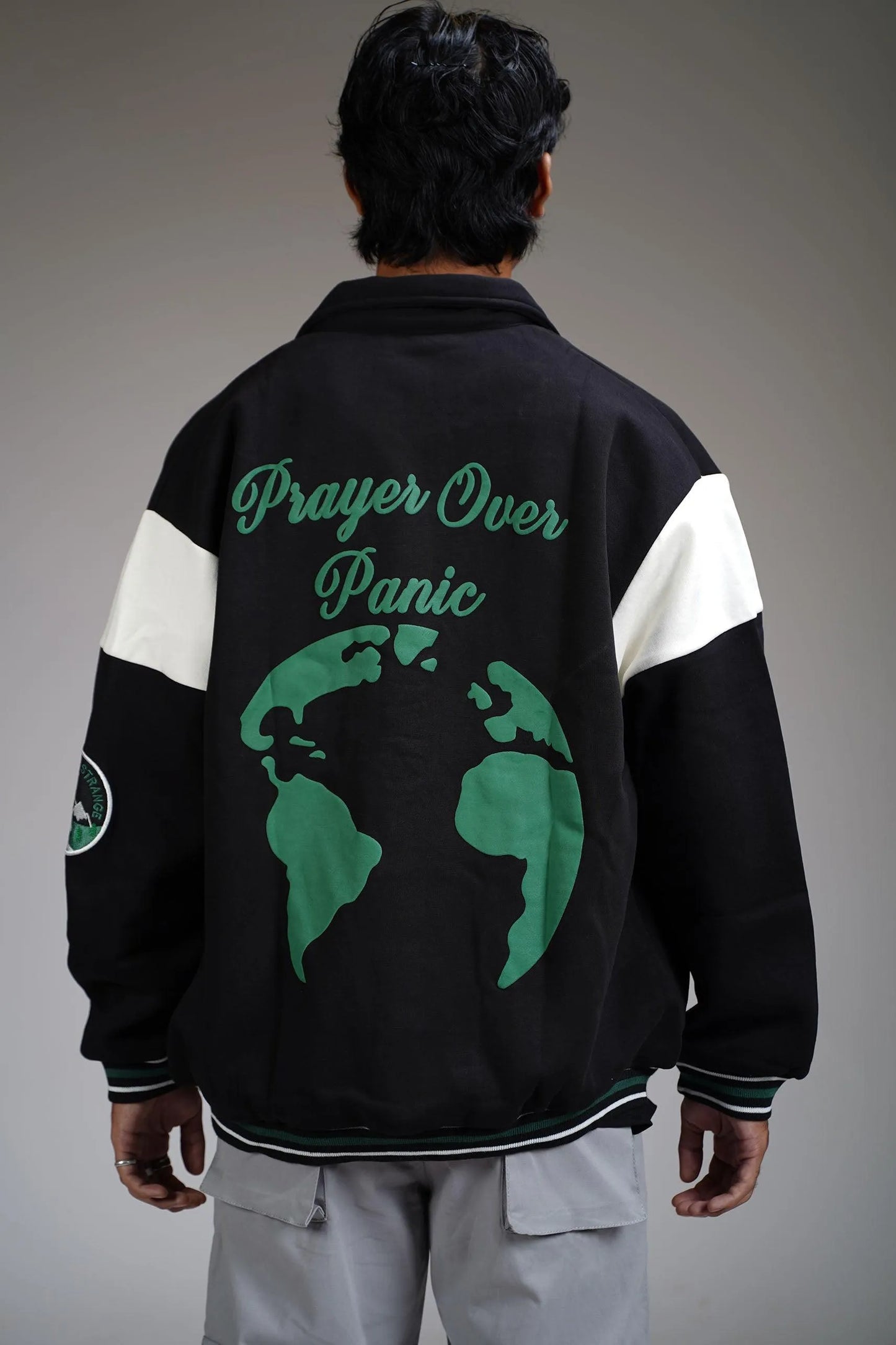 PRAYER OVER PANIC VARSITY JACKET - WHAT THE FLEX