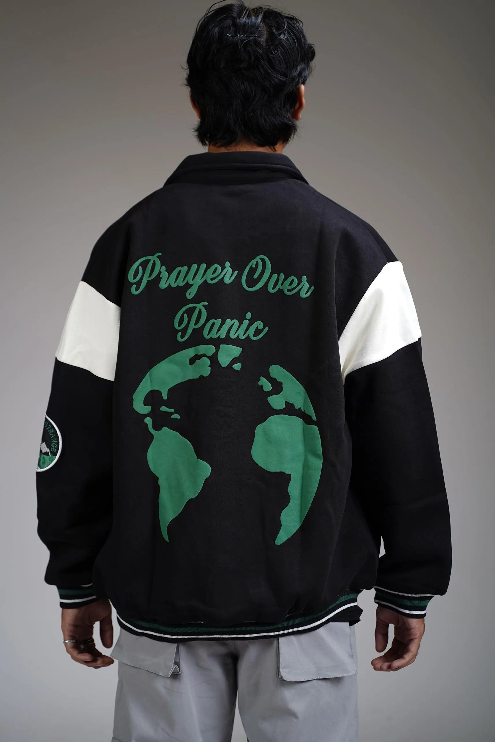PRAYER OVER PANIC VARSITY JACKET - WHAT THE FLEX