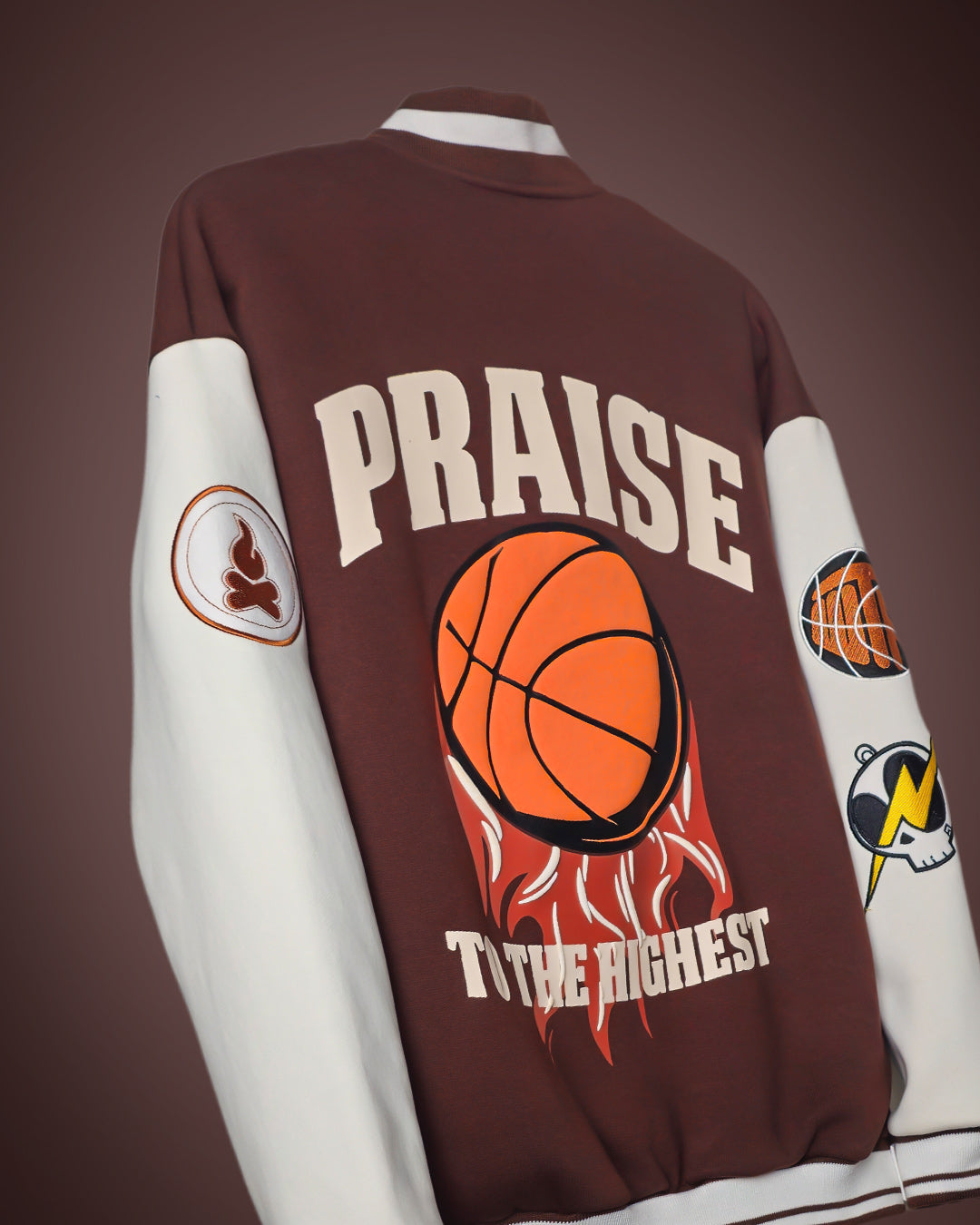 Praise To The Highest Brown Varsity Jacket – WHAT THE FLEX