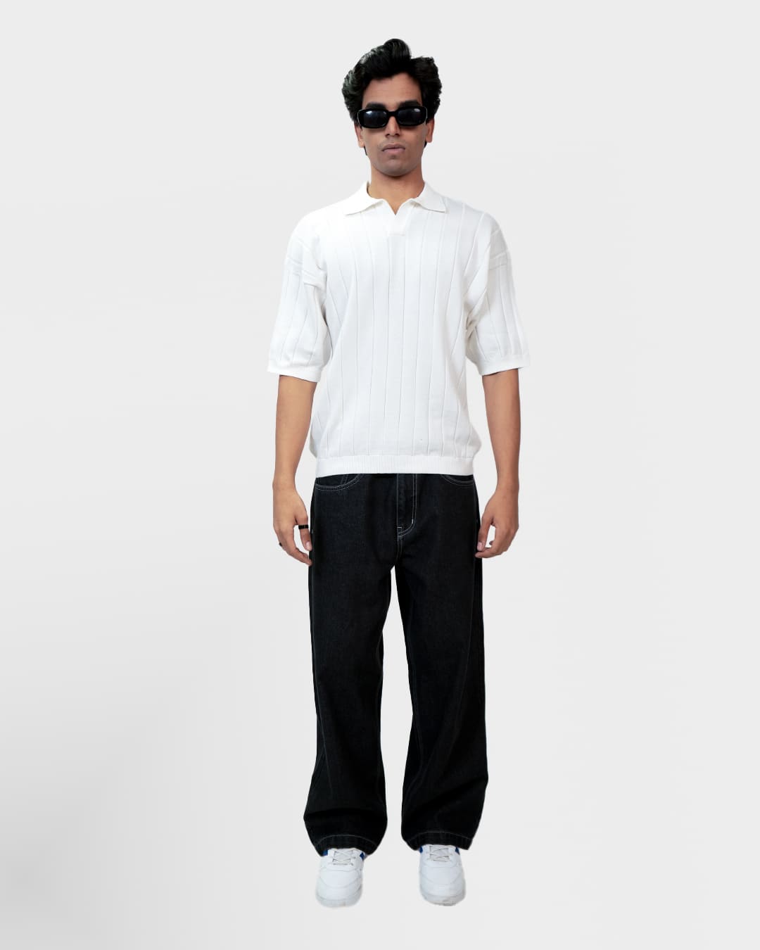 White Striped Knit Polo T-Shirt