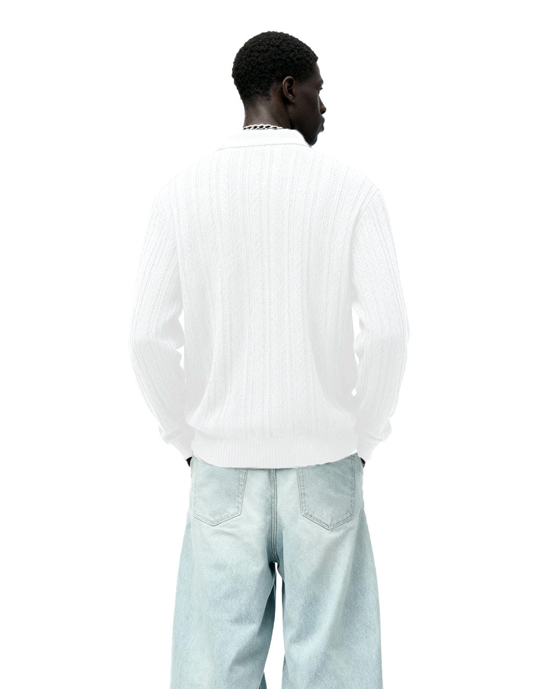 White Knitted Polo T-shirt Full Sleeve
