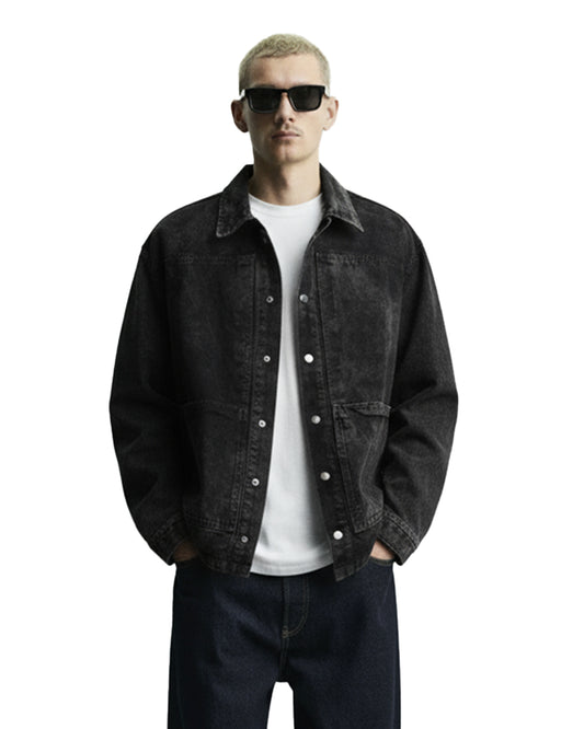 Black Long Sleeve Stitched Denim Overshirt