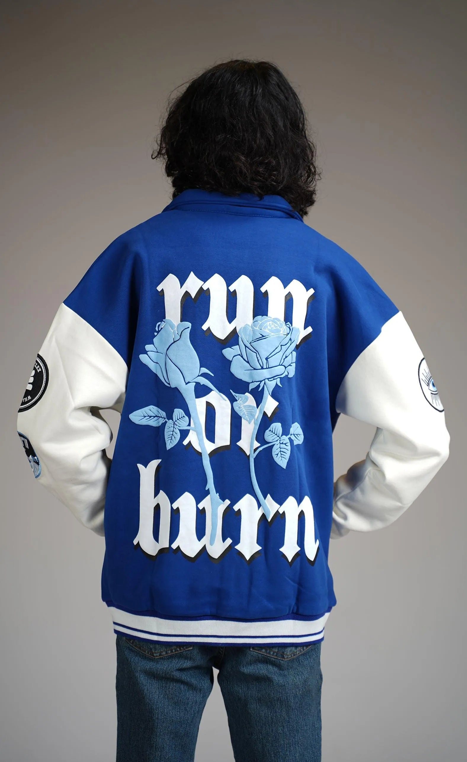 3d puff printed blue varsity jacket 