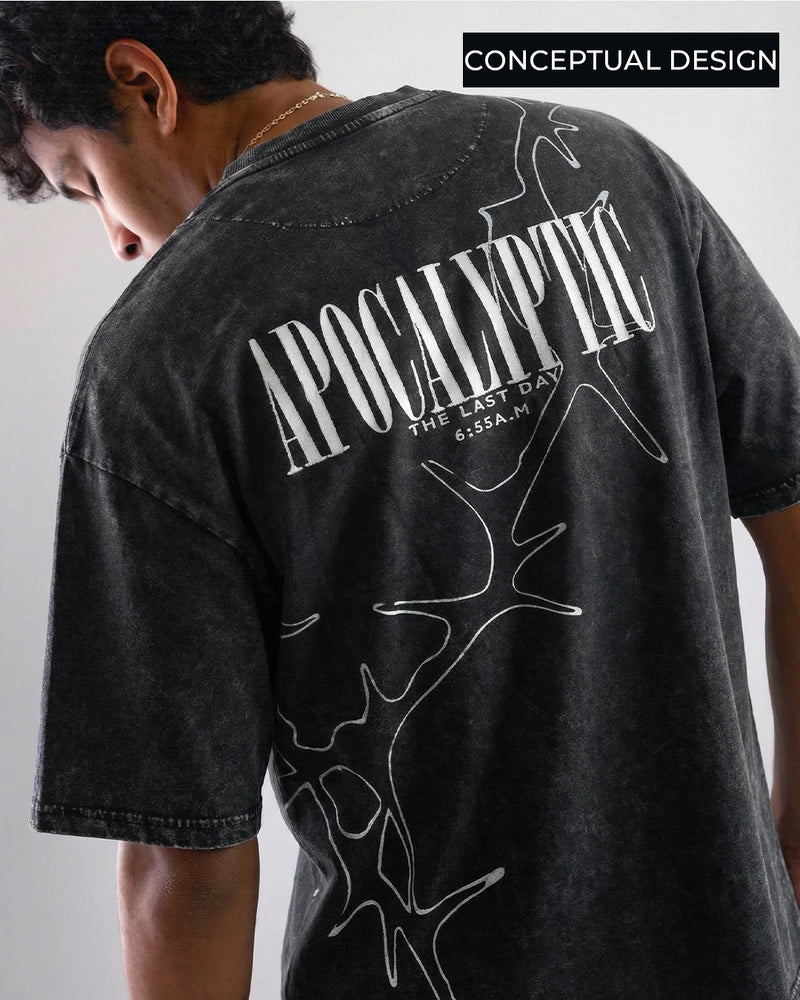 Apocalyptic Black Printed Acid Wash T-Shirt