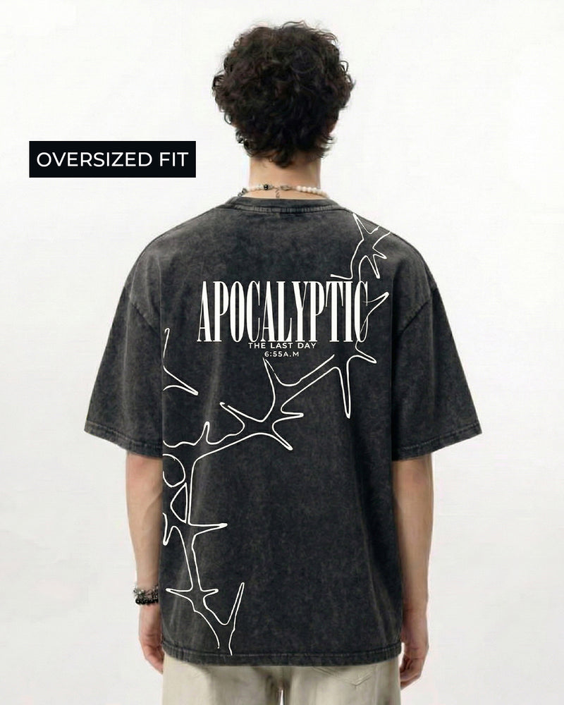 Apocalyptic Black Printed Acid Wash T-Shirt