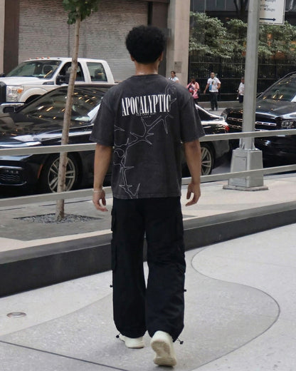 Apocalyptic Black Printed Acid Wash T-Shirt