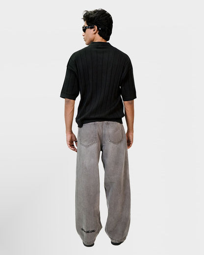 Black Striped Knit Polo T-Shirt