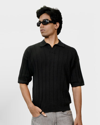 Black Striped Knit Polo T-Shirt