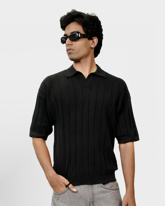 Black Striped Knit Polo T-Shirt