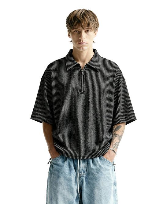 Black Wave Polo T-Shirt with Zip
