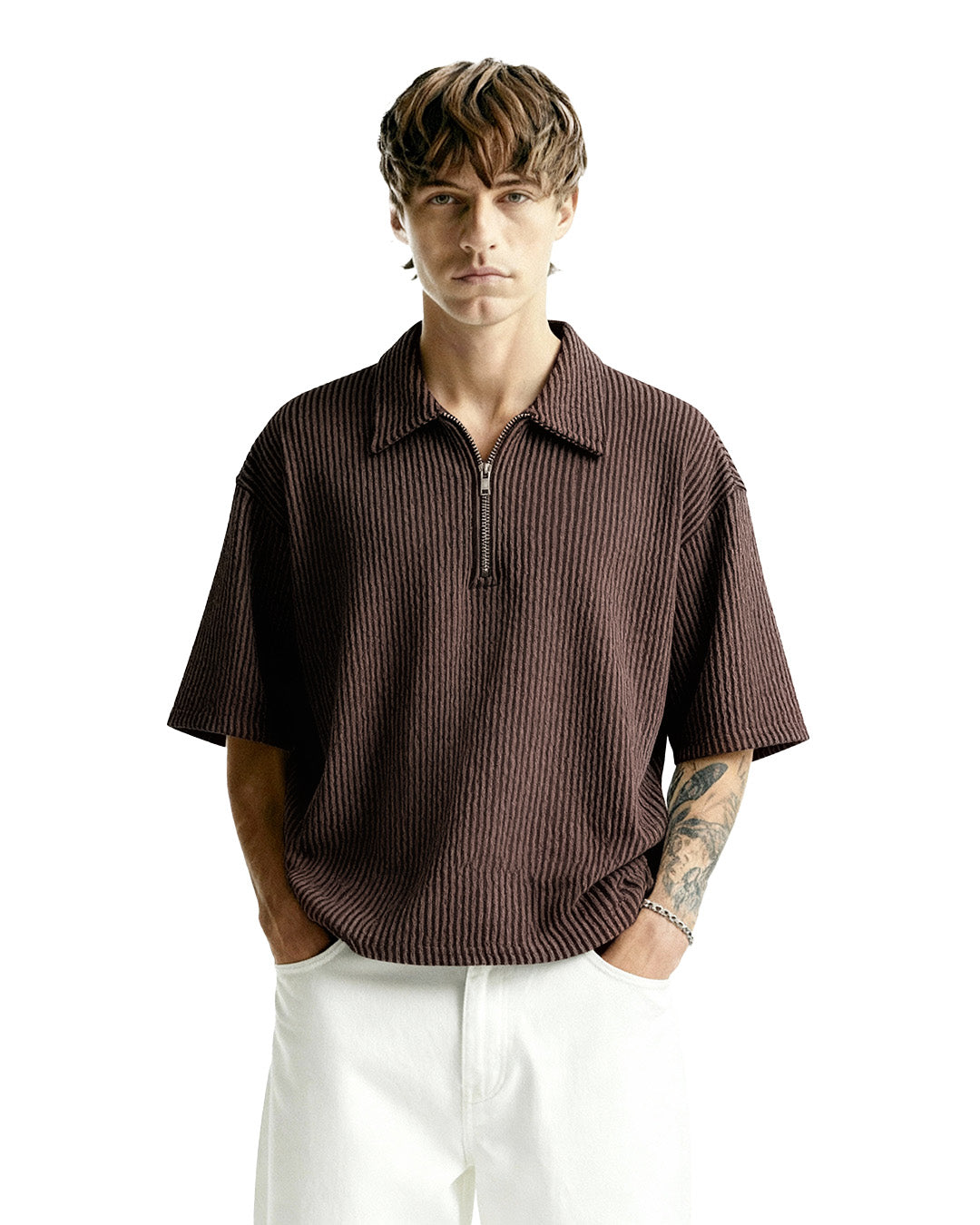 Brown Wave Polo T-Shirt with Zip
