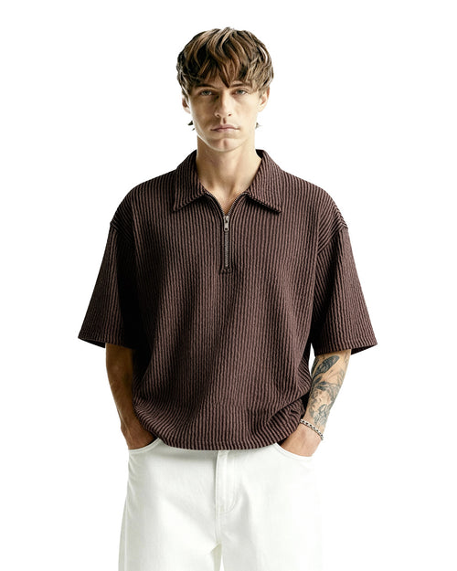 Brown Wave Polo T-Shirt with Zip