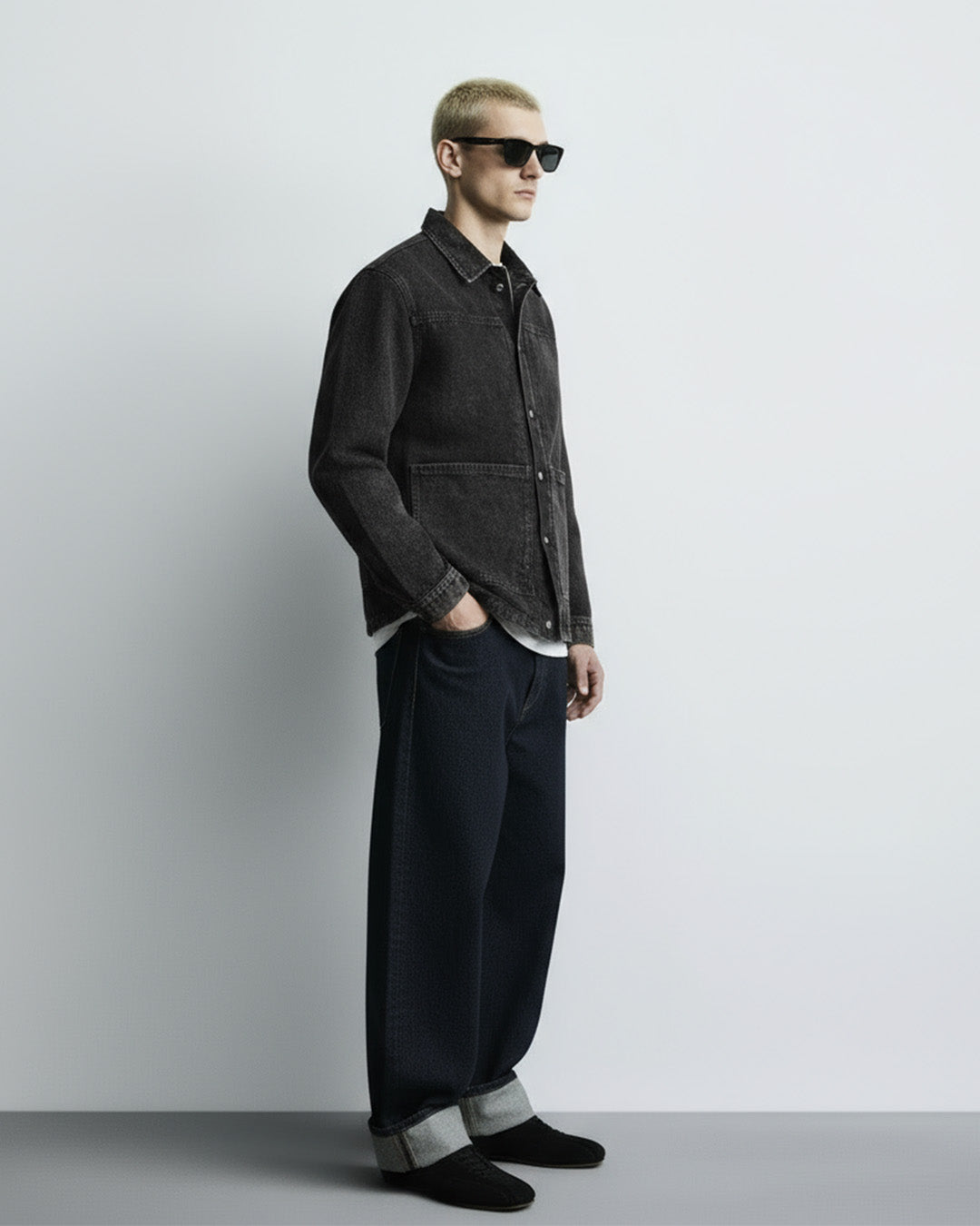 Black Long Sleeve Stitched Denim Overshirt