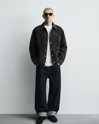 Black Long Sleeve Stitched Denim Overshirt