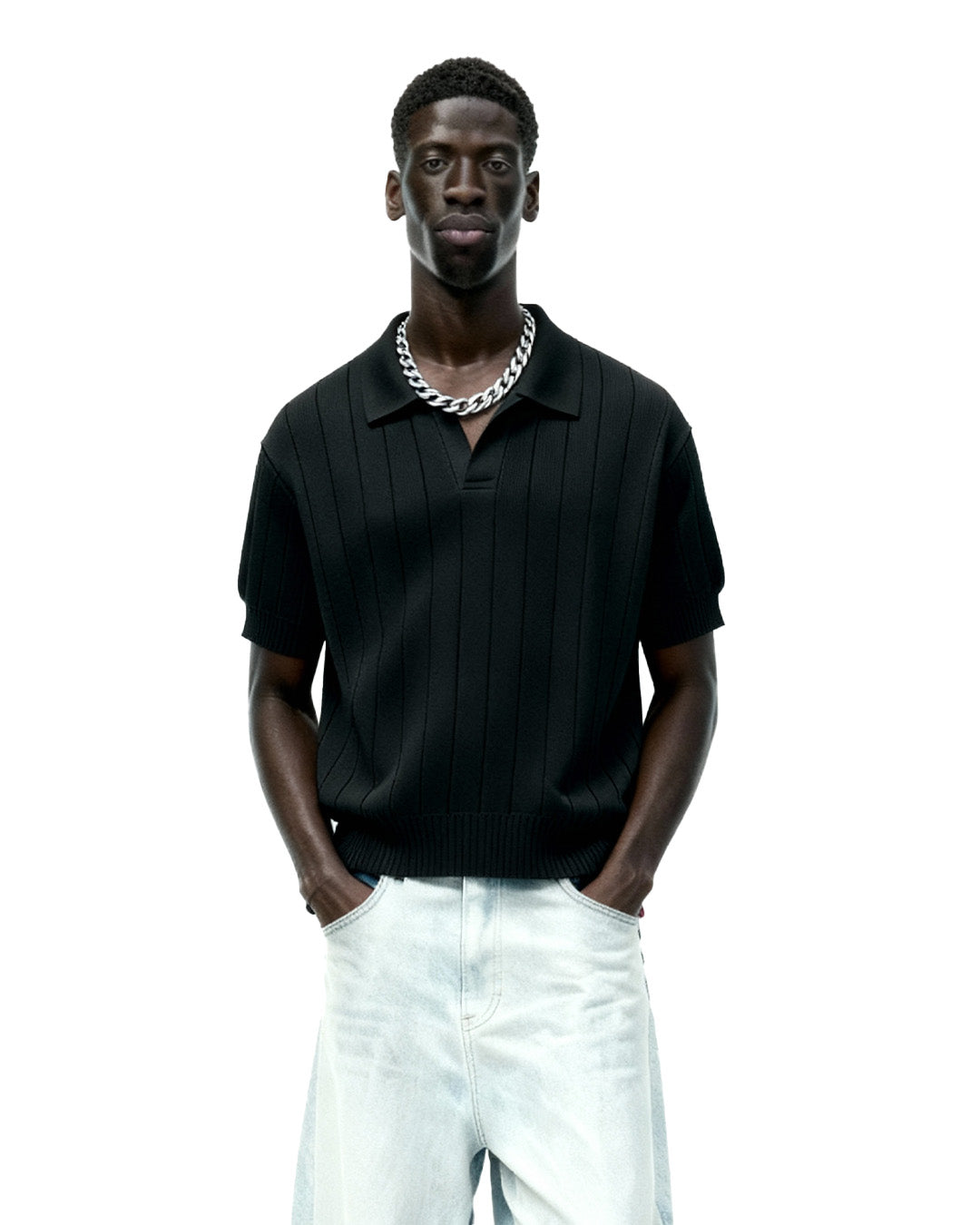 Black Striped Knitted Polo T-Shirt