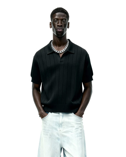 Black Striped Knitted Polo T-Shirt