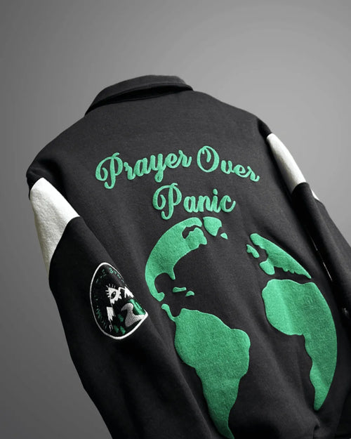 PRAYER OVER PANIC VARSITY JACKET - WHAT THE FLEX
