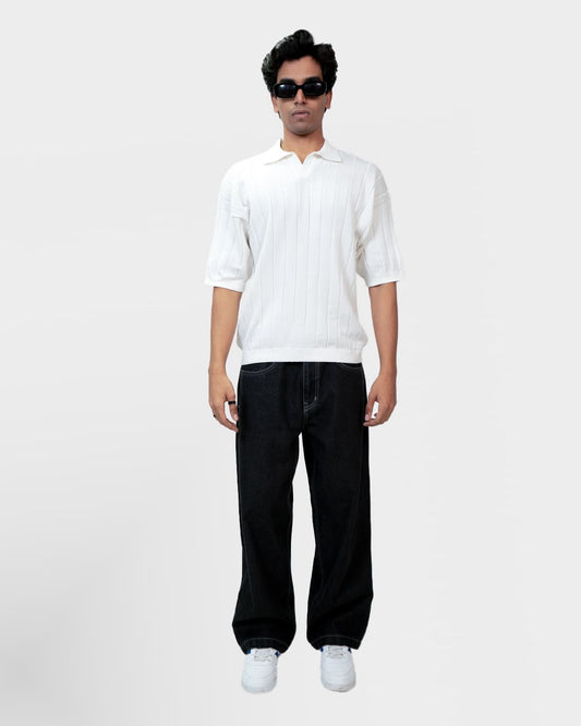 White Striped Knit Polo T-Shirt