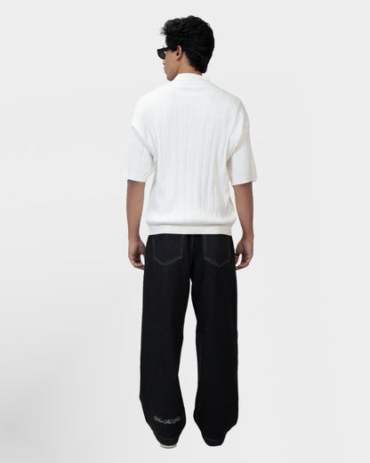 White Striped Knit Polo T-Shirt