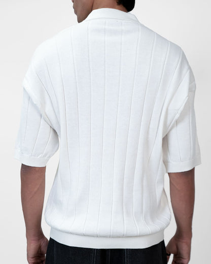 White Striped Knit Polo T-Shirt