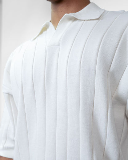 White Striped Knit Polo T-Shirt