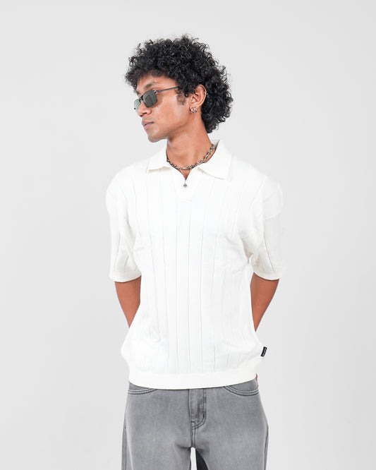 White Striped Knit Polo T-Shirt