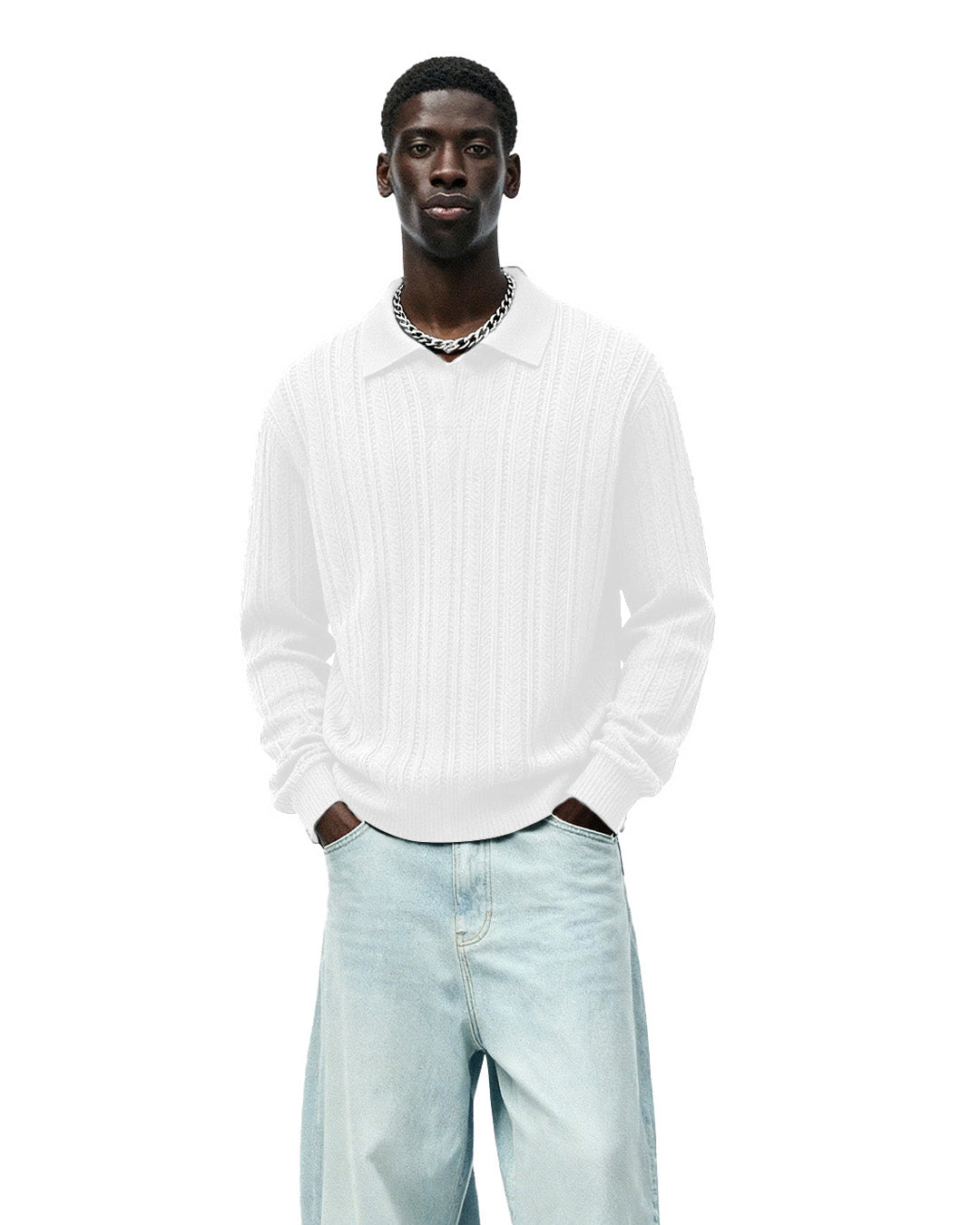 White Knitted Polo T-shirt Full Sleeve
