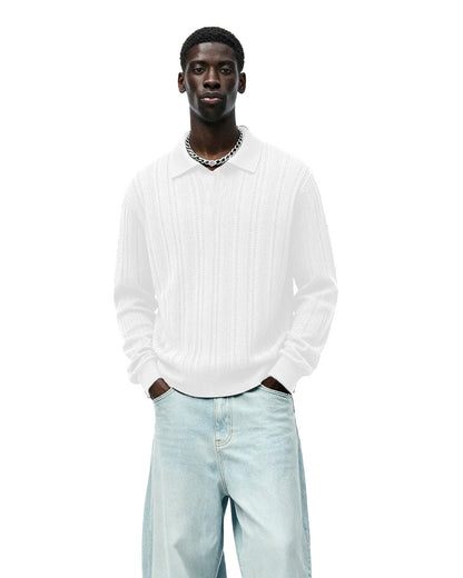 White Knitted Polo T-shirt Full Sleeve