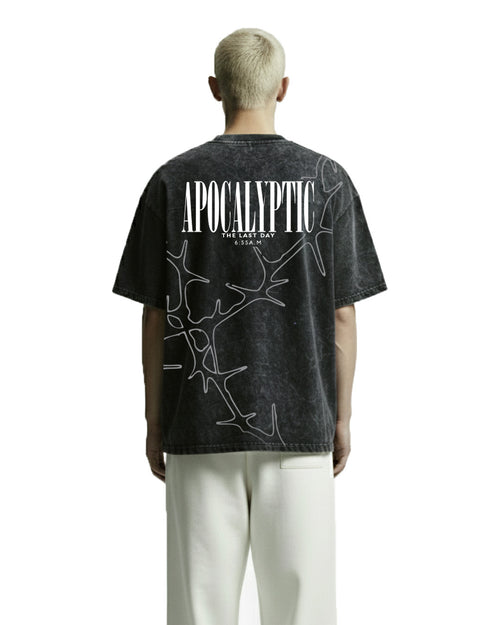Apocalyptic Black Printed Acid Wash T-Shirt