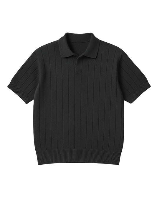 Black Striped Knit Polo T-Shirt