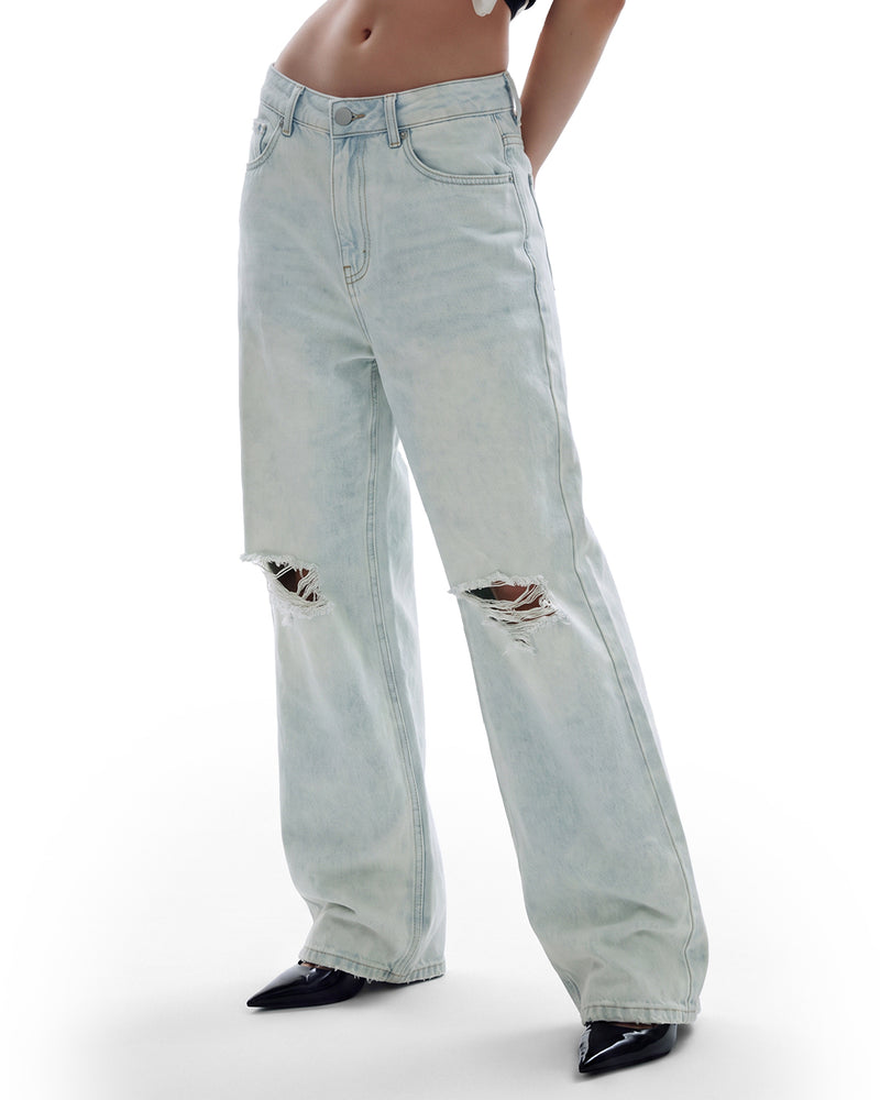 Ice Blue Rugged Baggy Jeans For Women.