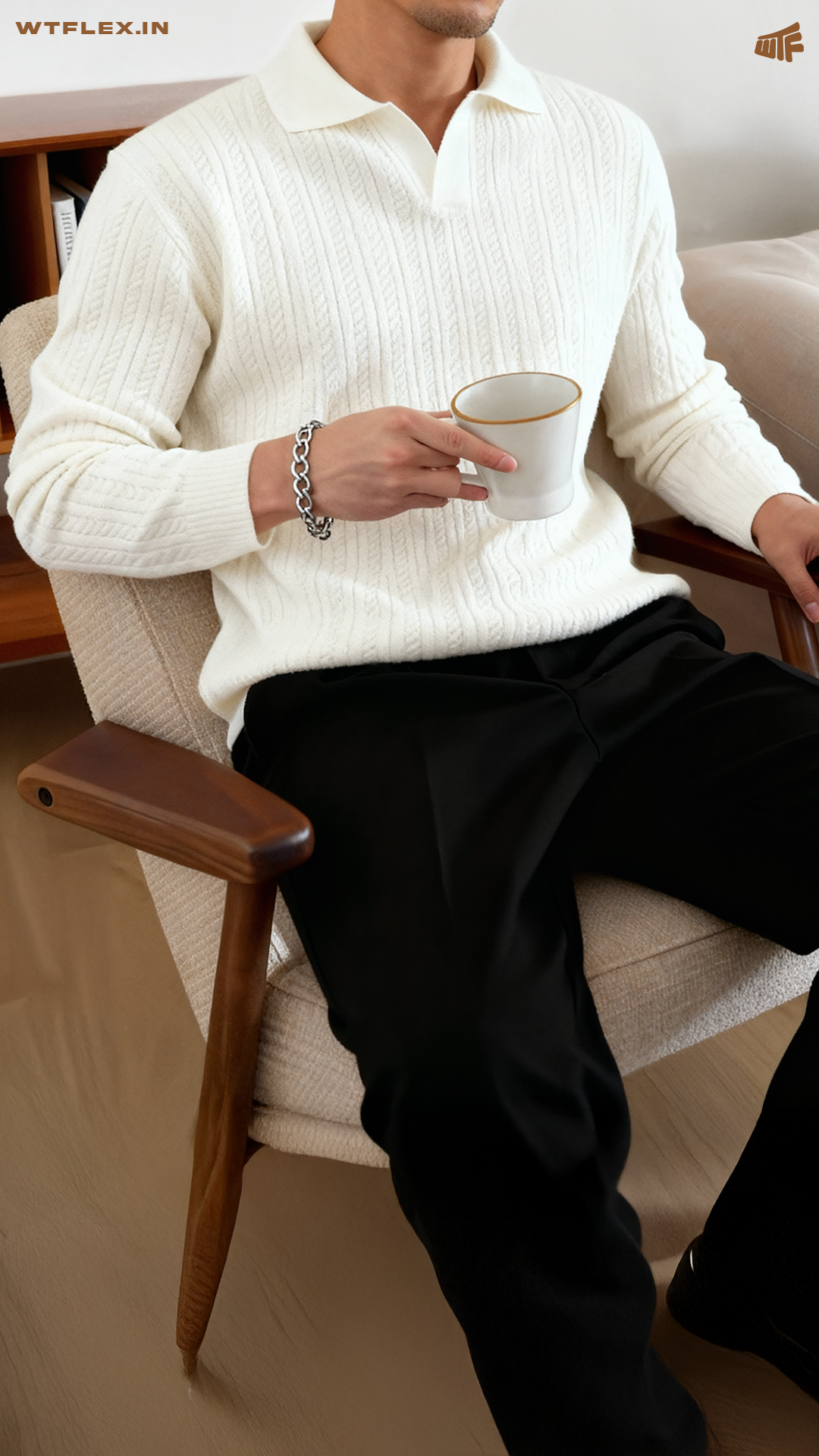 White Knitted Polo T-shirt Full Sleeve