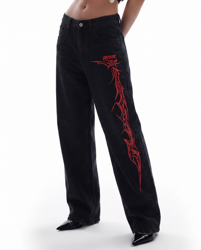 Veins Black Baggy Jeans For Women.