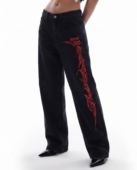 Veins Black Baggy Jeans For Women
