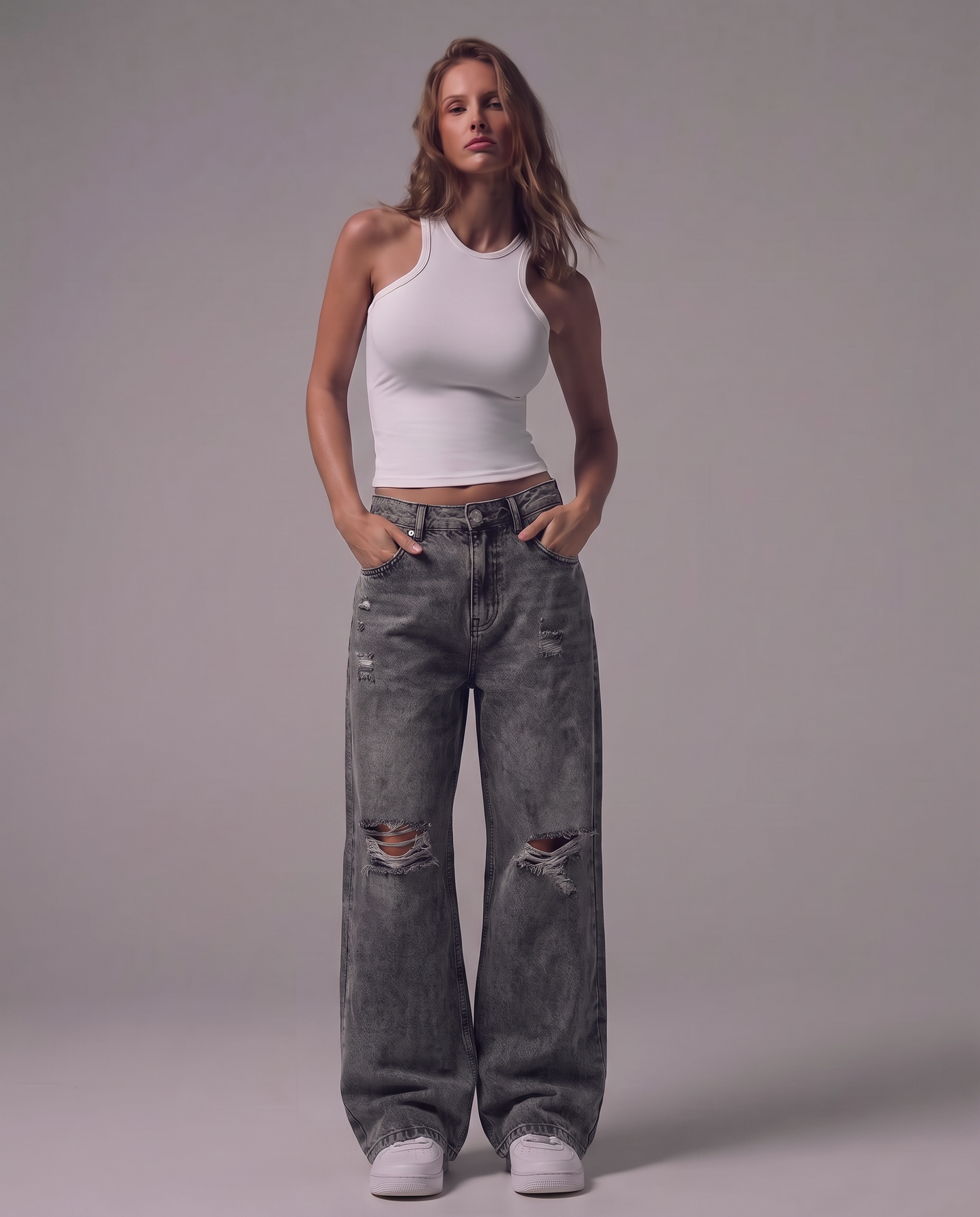 Black Rugged Baggy Jeans For Women