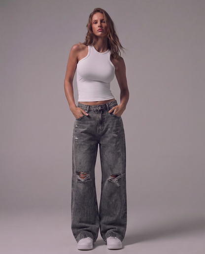 Black Rugged Baggy Jeans For Women