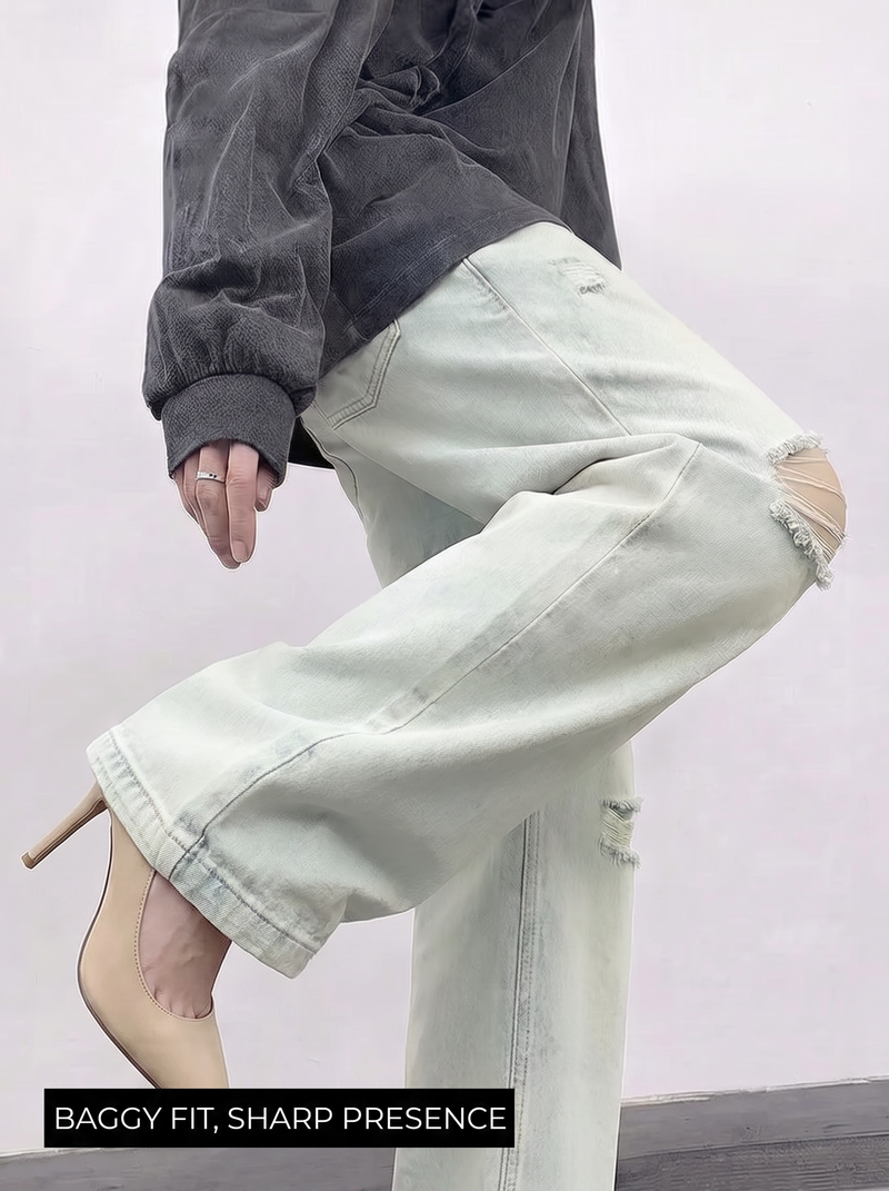 Ice Blue Rugged Baggy Jeans For Women.