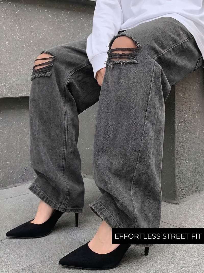 Black Rugged Baggy Jeans For Women.