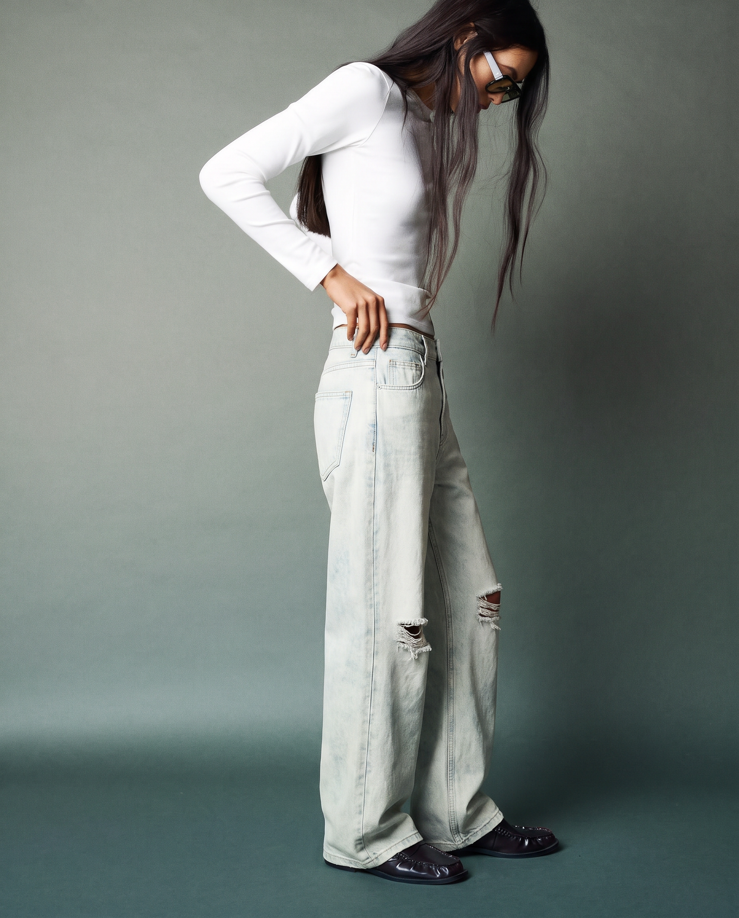 Ice Blue Rugged Baggy Jeans For Women
