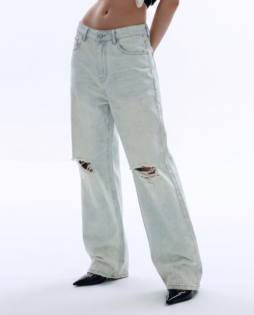 Ice Blue Rugged Baggy Jeans For Women