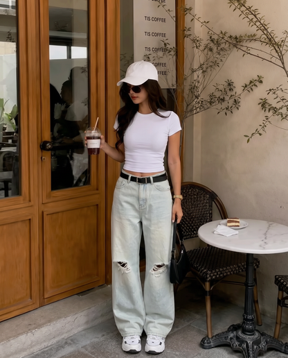 Ice Blue Rugged Baggy Jeans For Women