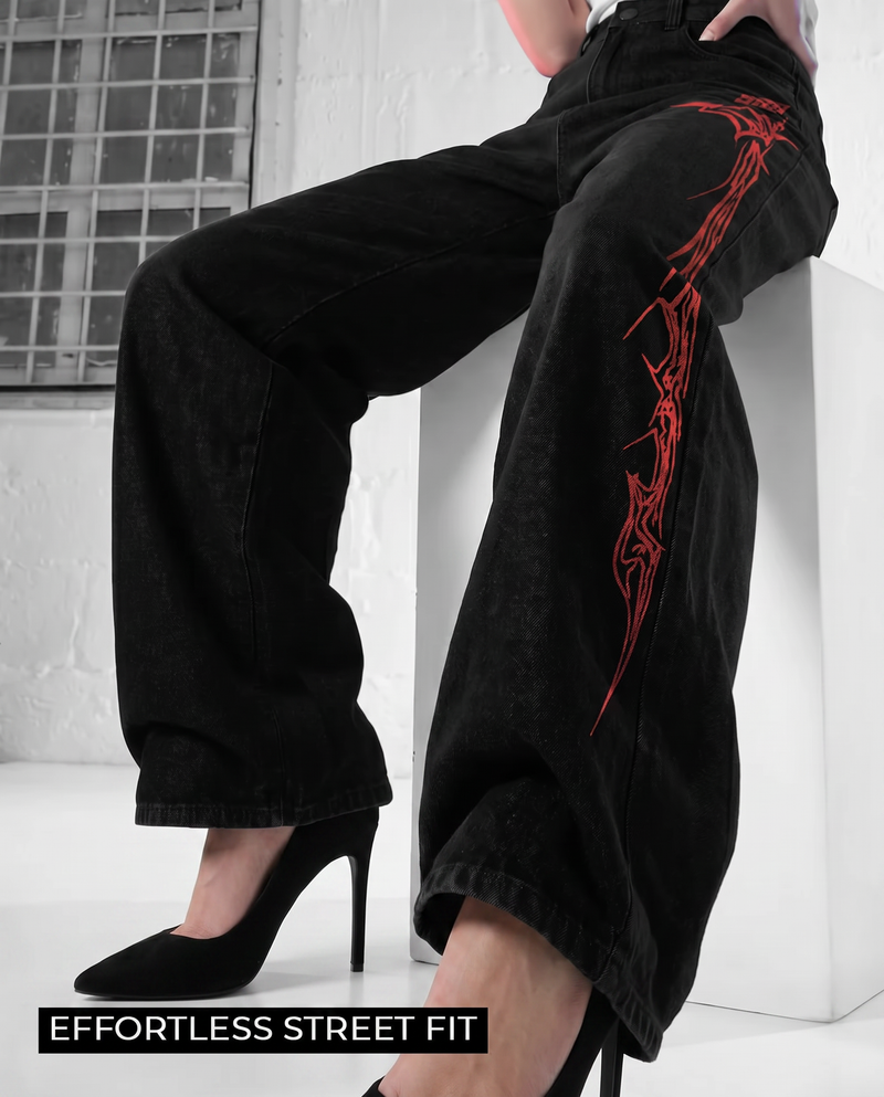 Veins Black Baggy Jeans For Women.
