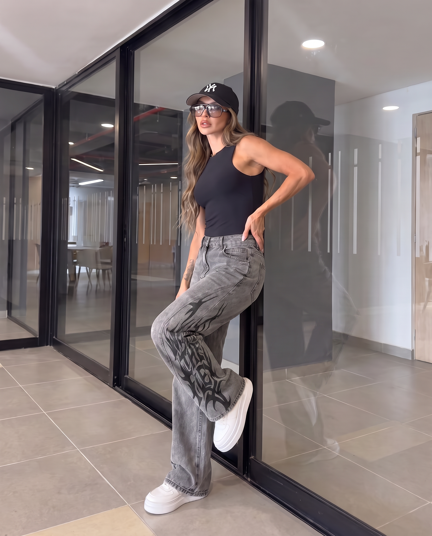 The Flex Symbol Grey Baggy Jeans For Women.