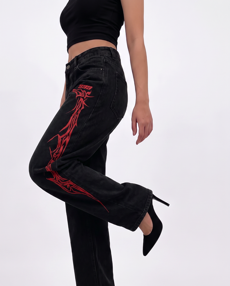 Veins Black Baggy Jeans For Women.