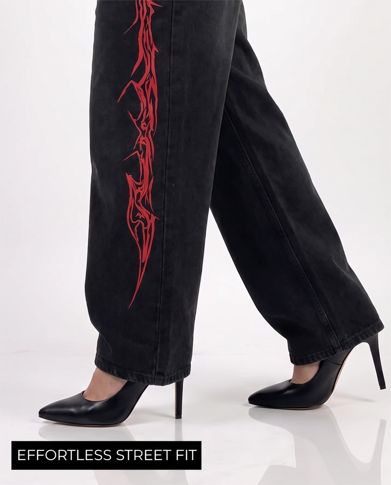 Veins Black Baggy Jeans For Women.