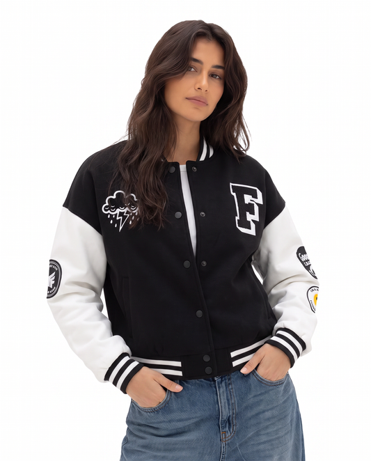 Did I Imagine It? Cropped Black Varsity Jacket for Women
